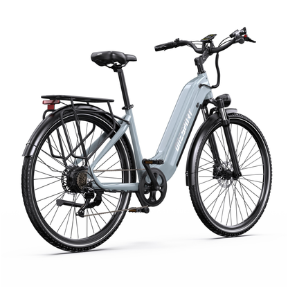OneSport OT05 Max grå elcykel snett bakifrån från höger med kedja, pakethållare och display på styret