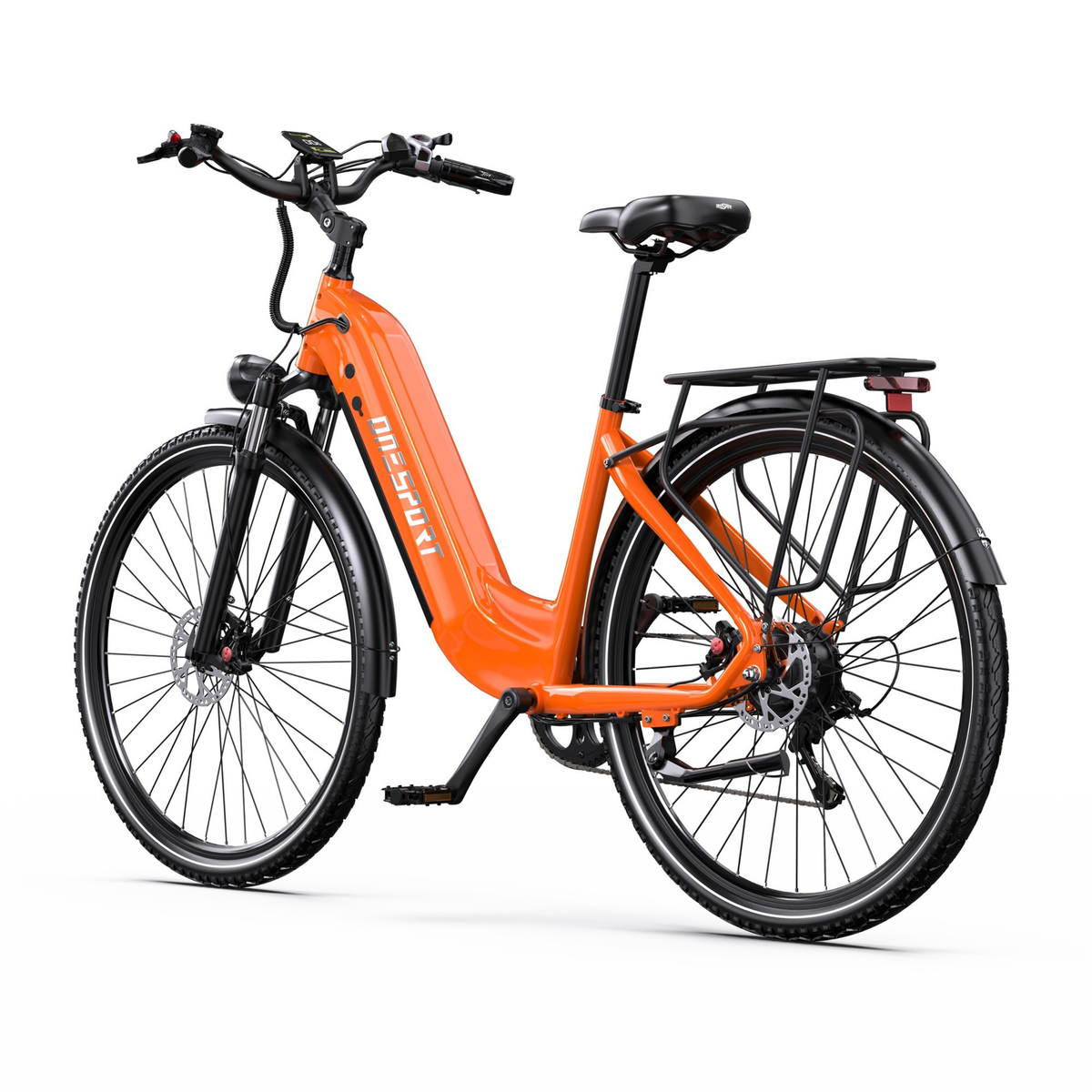 OneSport OT05 Max orange elcykel, snett bakifrån med pakethållare och baklykta