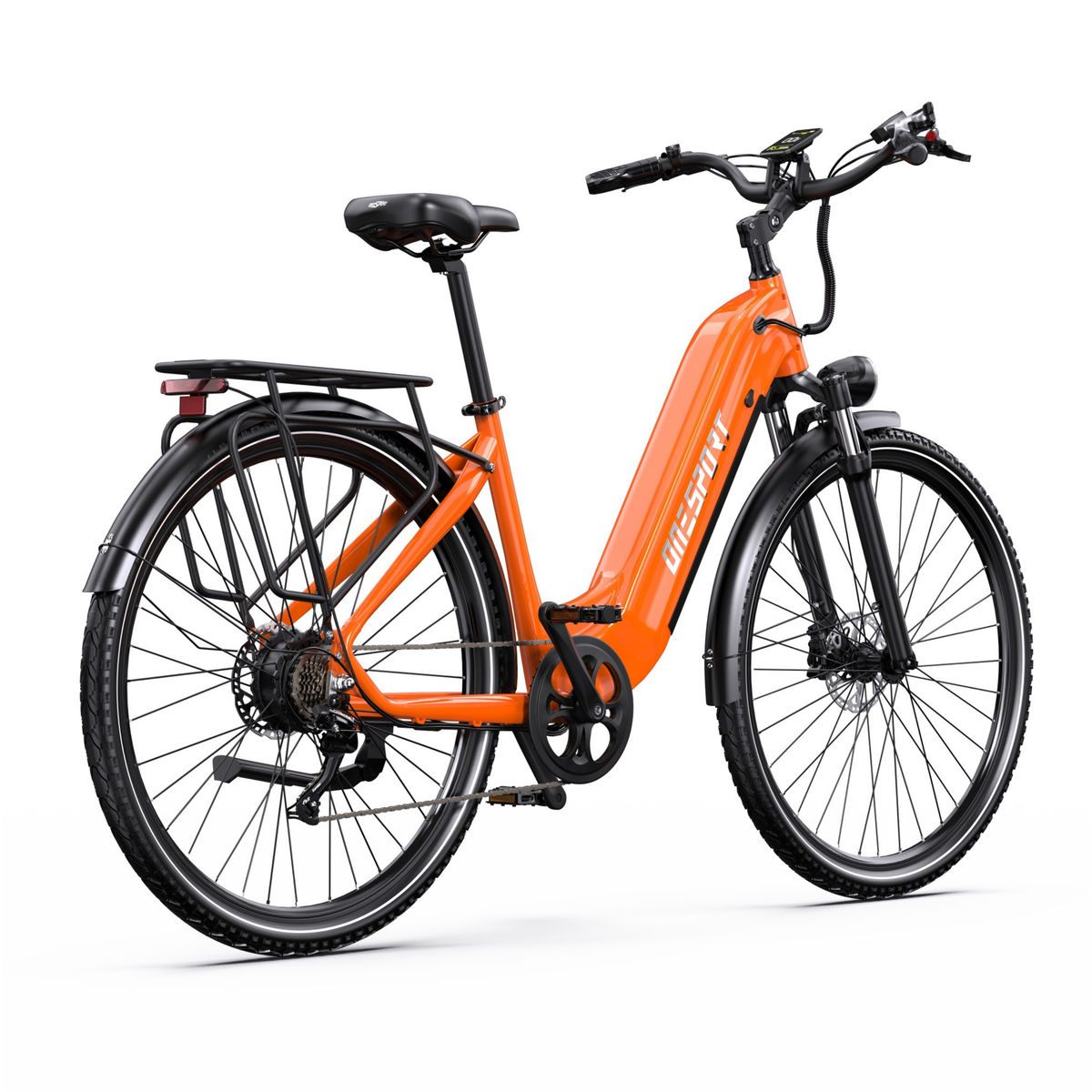 OneSport OT05 Max orange elcykel, snett bakifrån från andra sidan med pakethållare