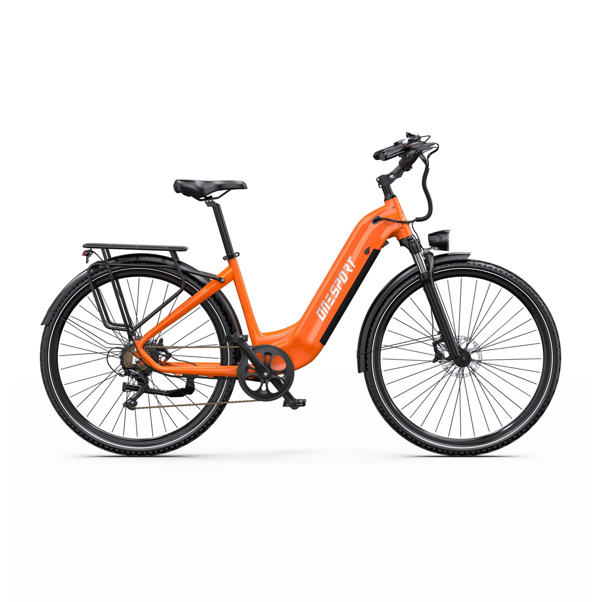 OneSport OT05 Max, orange elcykel med lågt insteg, sedd från sidan
