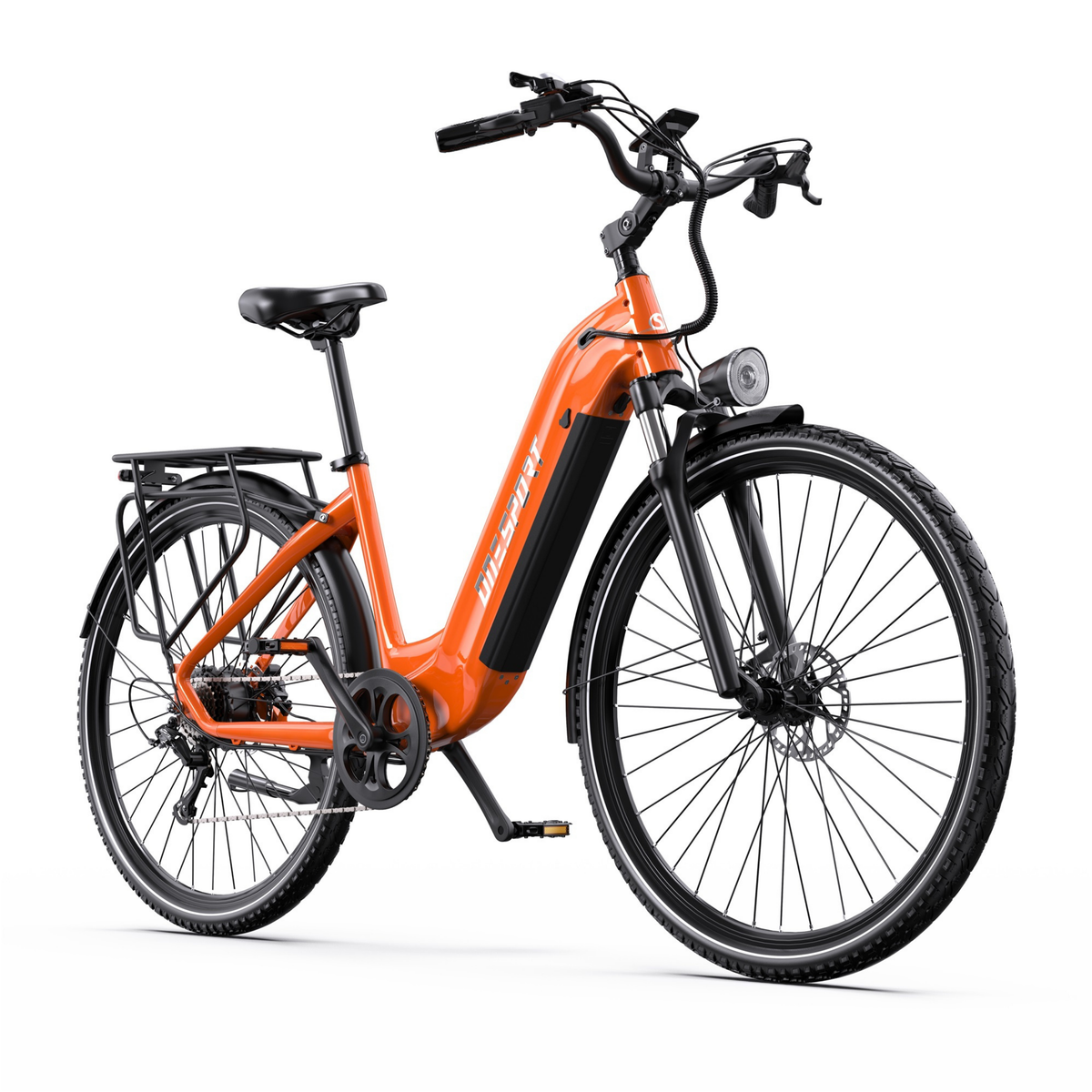OneSport OT05 Max, orange elcykel sedd snett framifrån med batteri i ramen