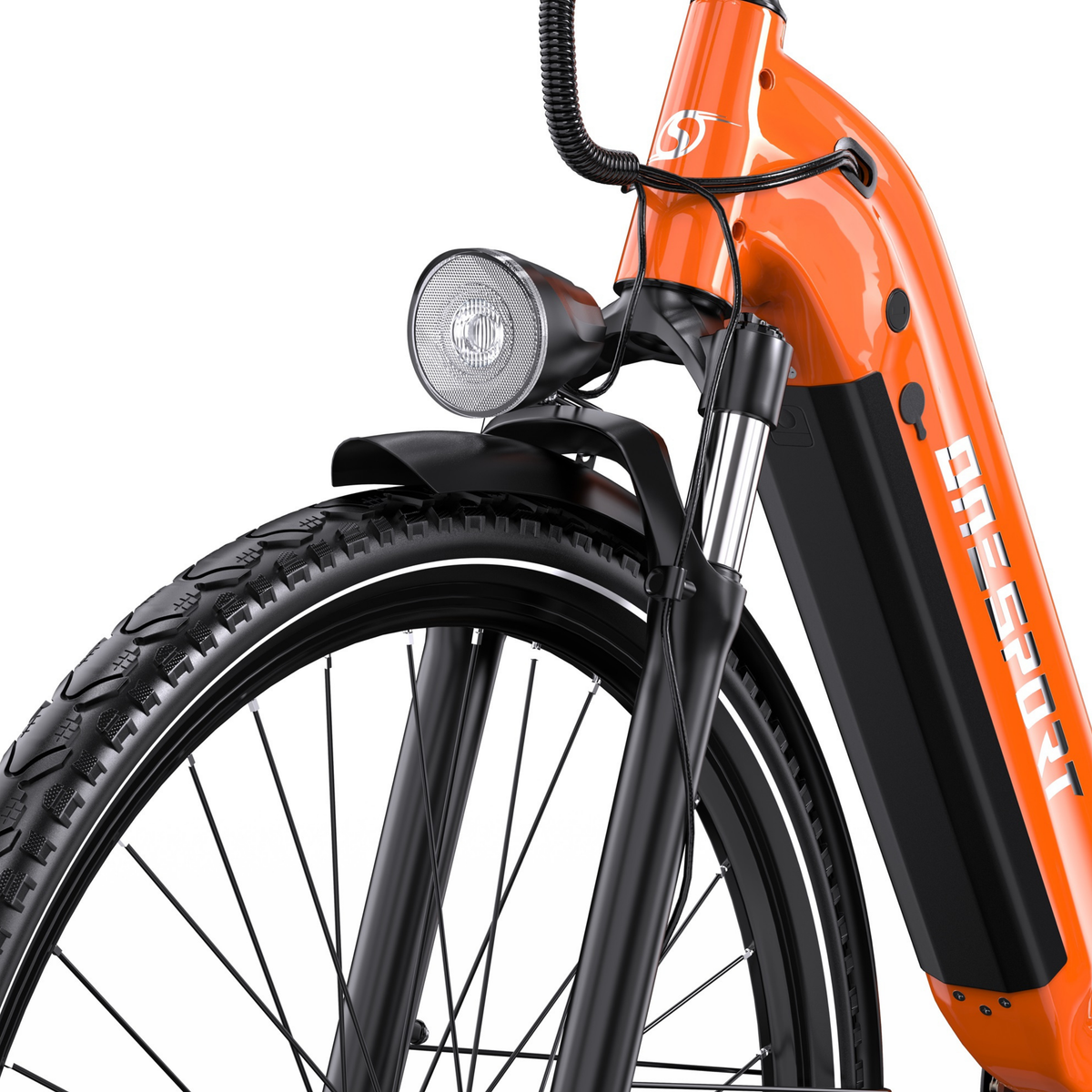 Närbild på OneSport OT05 Max med orange ram, batteri på ramen, framlykta och främre stänkskärm