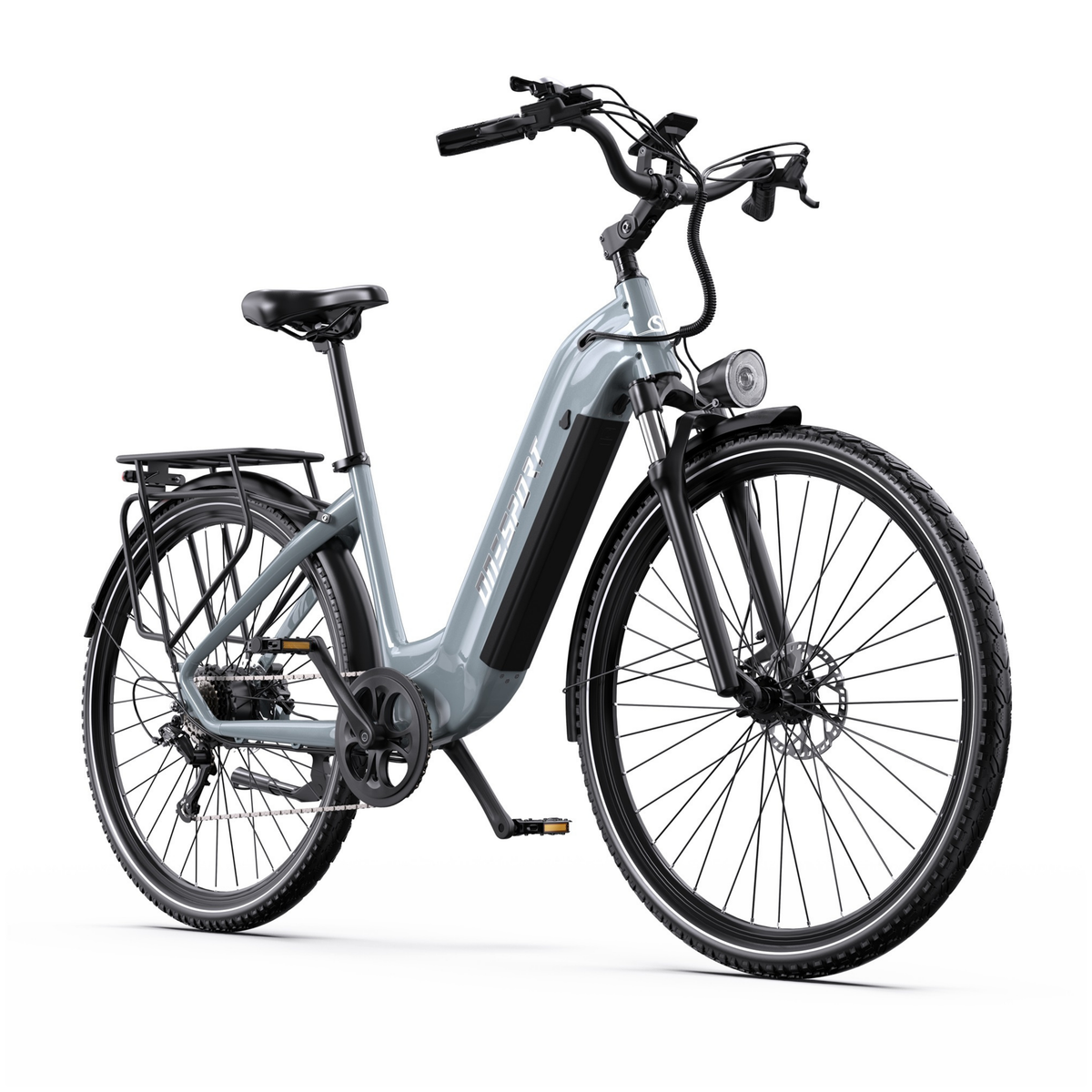 OneSport OT05 Max grå elcykel sedd snett framifrån med pakethållare och framlampa