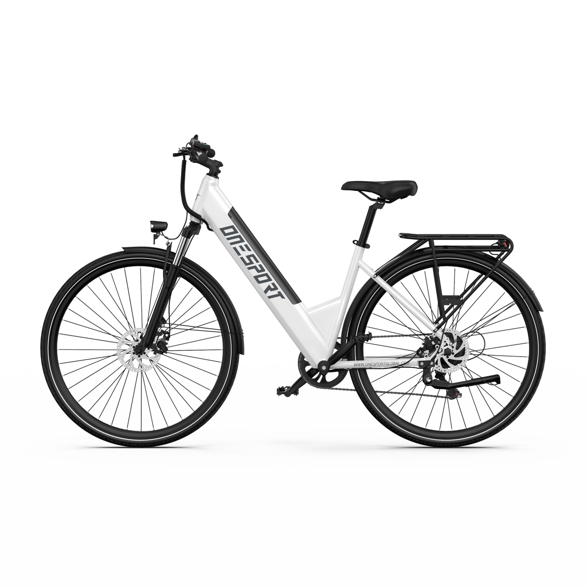 OneSport OT12 Pro, vit elcykel med lågt insteg, sedd rakt från sidan