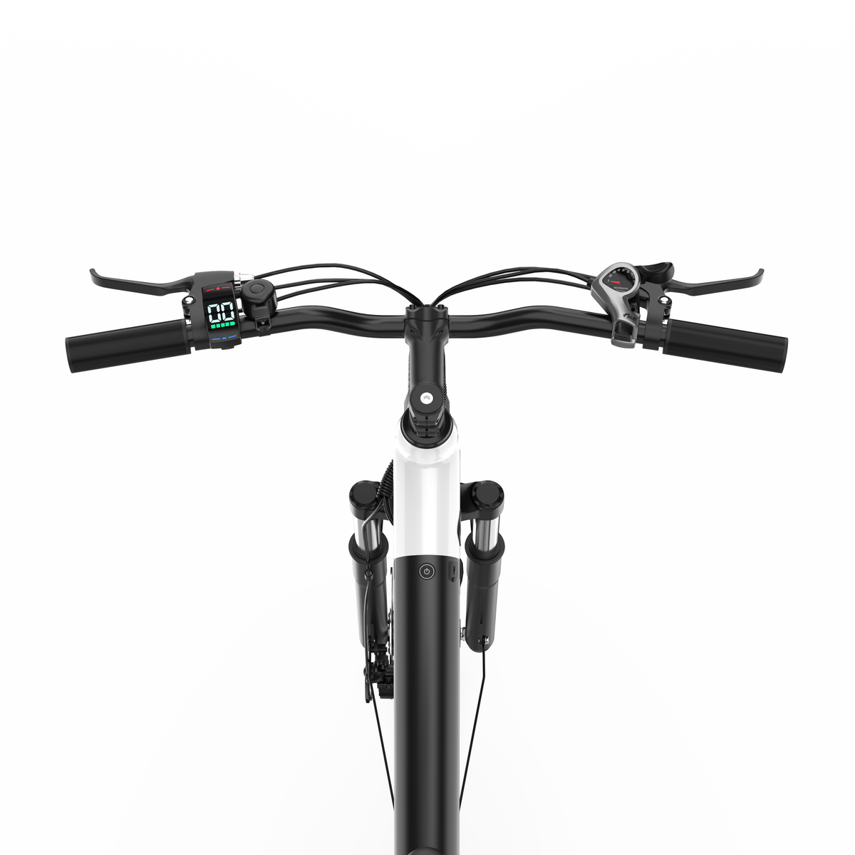 OneSport OT12 Pro, styret framifrån med display, ringklocka, växelreglage och bromshandtag
