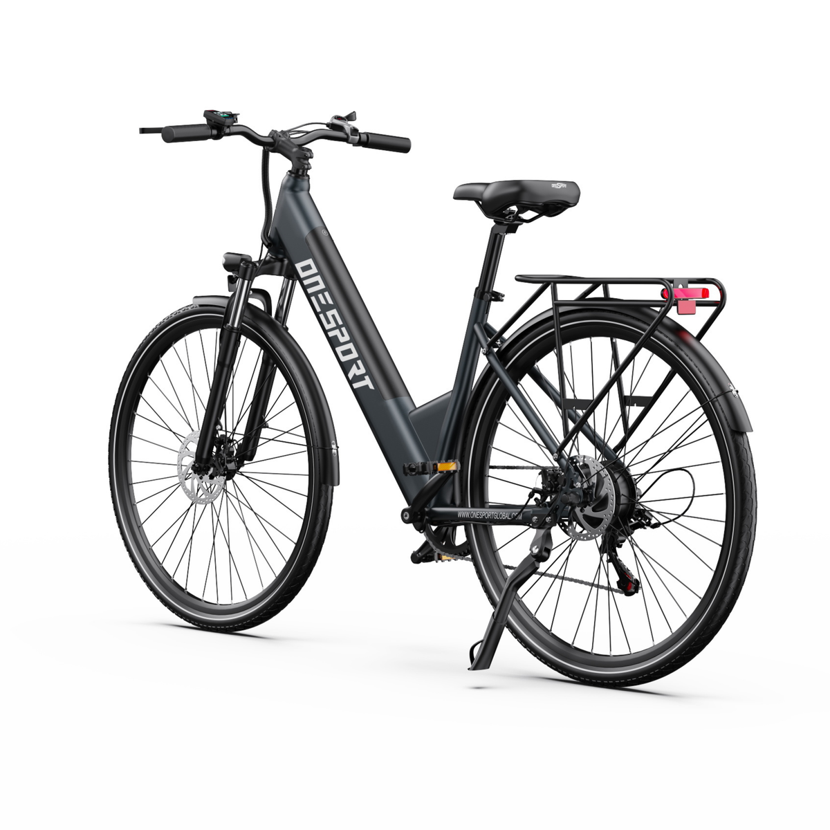 OneSport OT12 Pro elcykel snett framifrån med styre, display, pakethållare, bakljus och sidostöd
