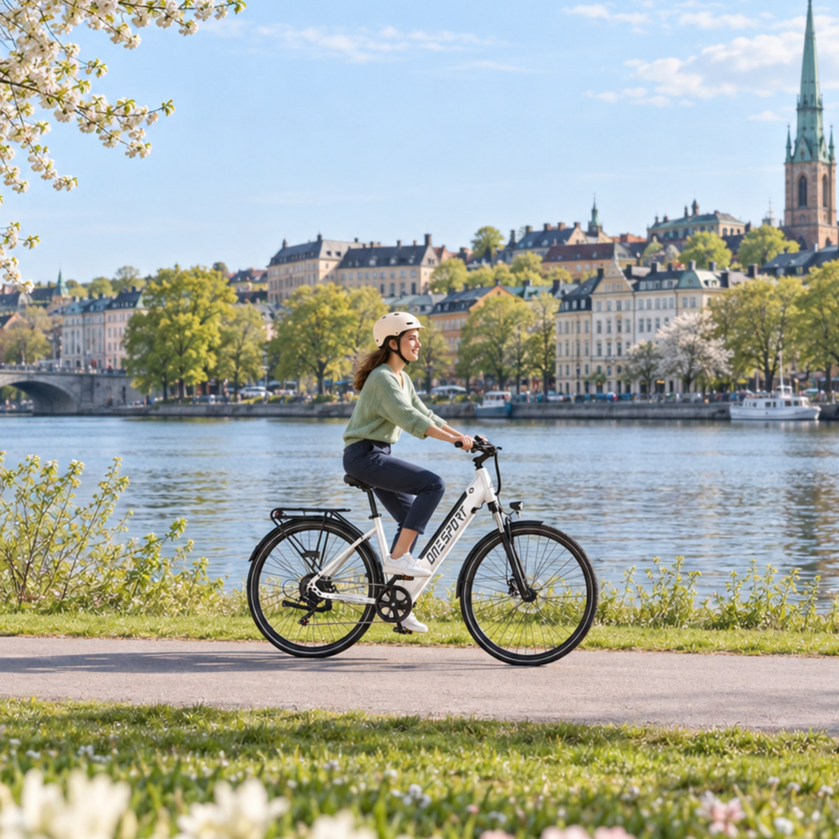 Kvinna med hjälm cyklar på vit OneSport OT12 Pro längs vattnet med stad i bakgrunden