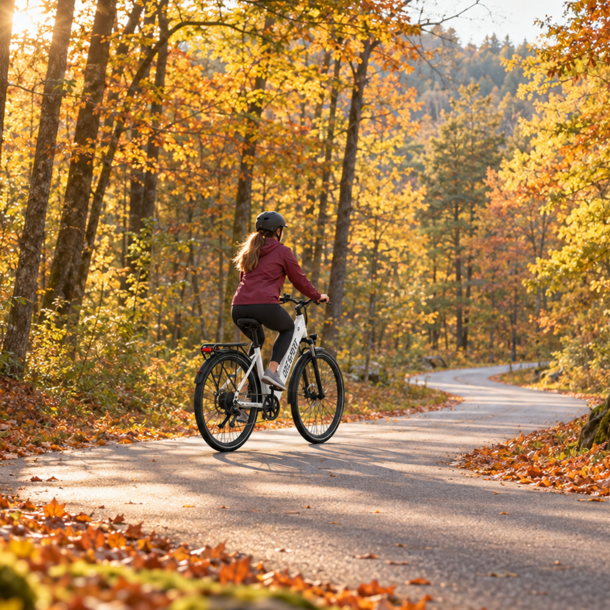 Kvinna med hjälm cyklar på en vit OneSport OT12 Pro på en skogsväg bland höstlöv