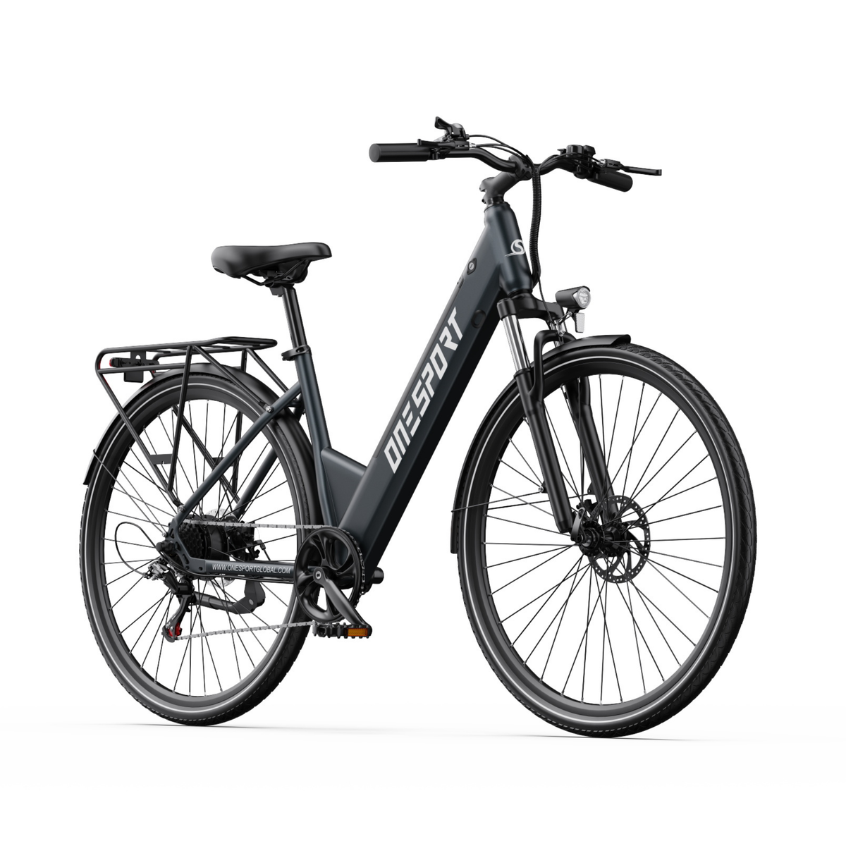 OneSport OT12 Pro elcykel i snedvy framifrån med styre, framlykta och pakethållare