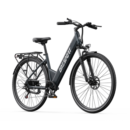 OneSport OT12 Pro elcykel i snedvy framifrån med styre, framlykta och pakethållare