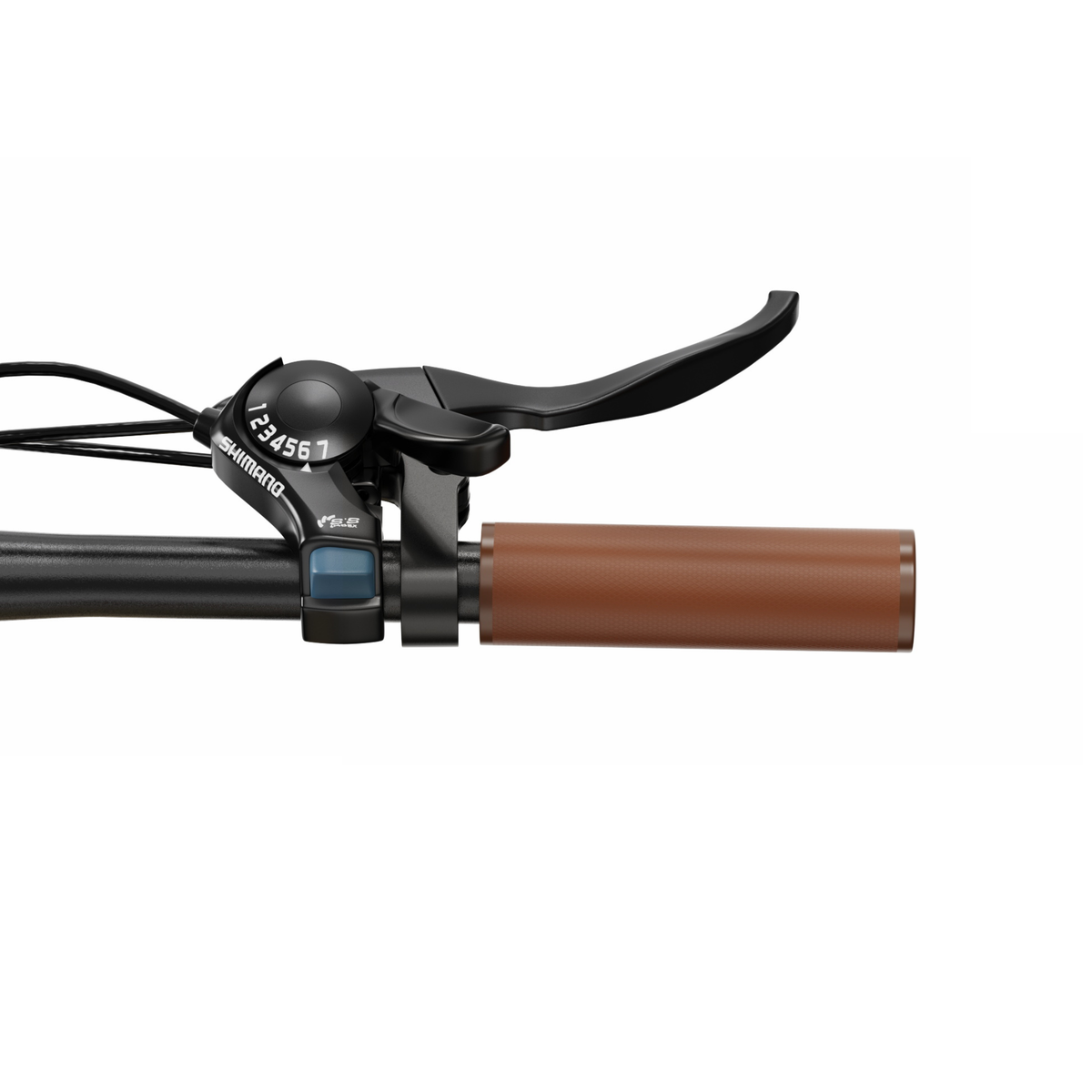 OneSport OT16 Pro, närbild på bromshandtag, Shimano-växelreglage och brunt handtag