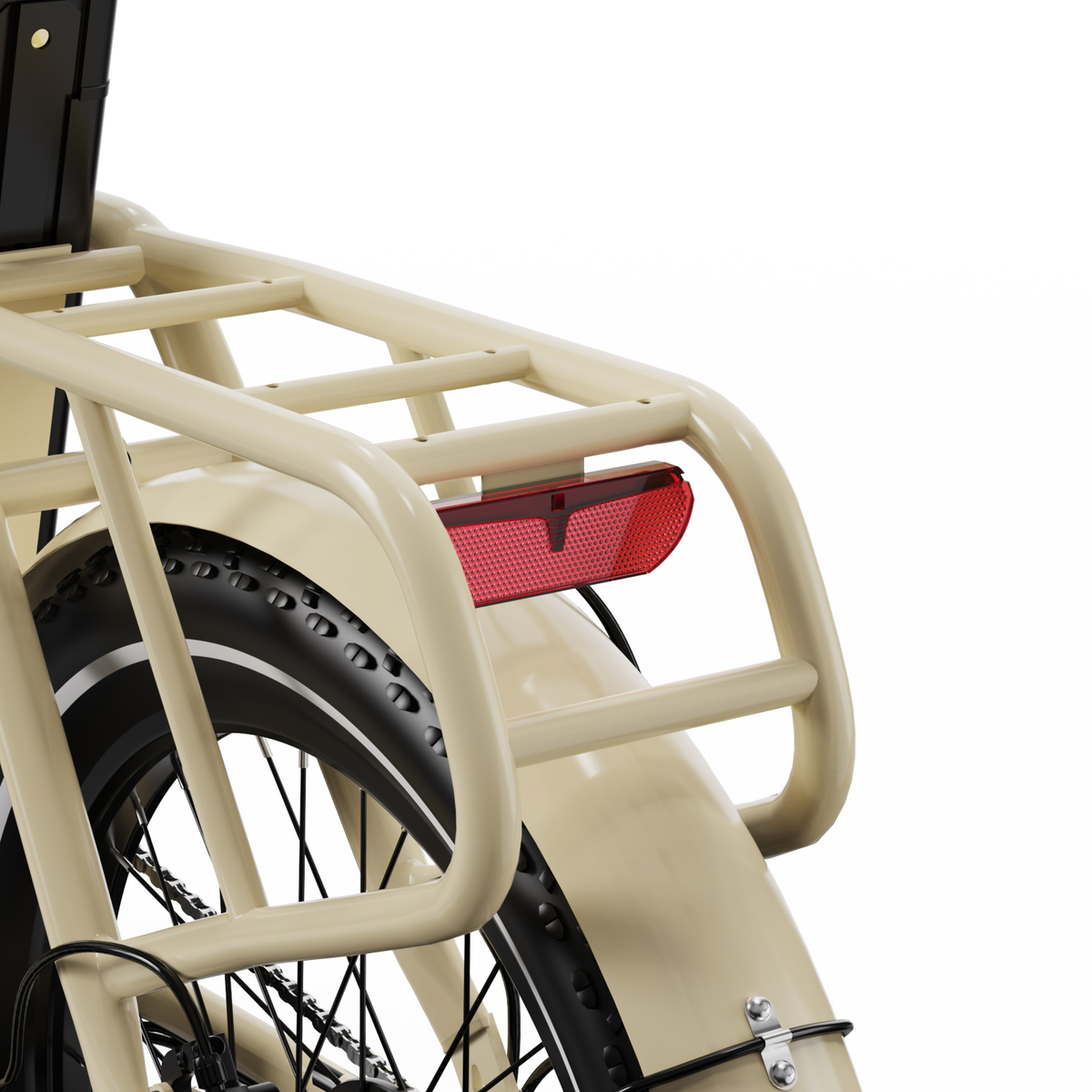 OneSport OT16 Pro närbild på beige pakethållare med rött bakreflex och bakskärm