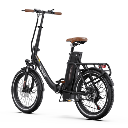 OneSport OT16 Pro elcykel i svart, snett bakifrån med pakethållare, batteri och brun sadel