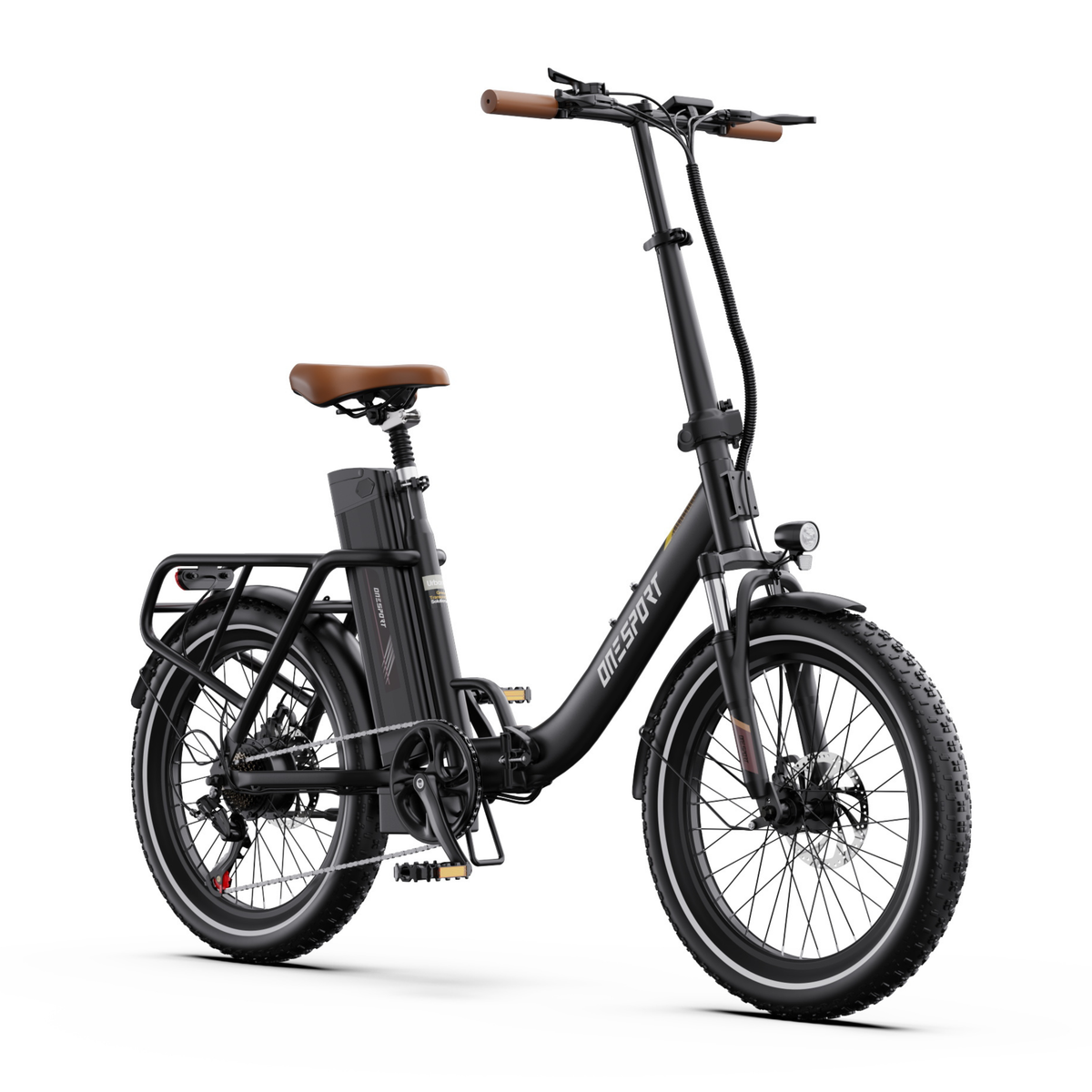 OneSport OT16 Pro elcykel i svart, snett framifrån med framlampa, styre med display och brun sadel