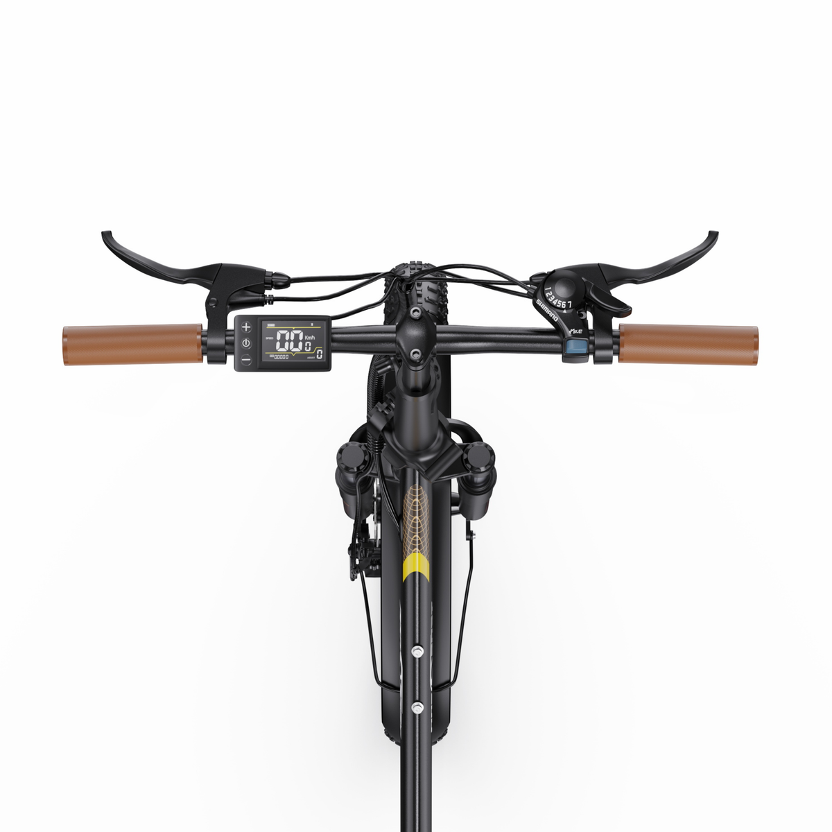 OneSport OT16 Pro styre uppifrån med bruna handtag, bromshandtag, display och Shimano-växelreglage