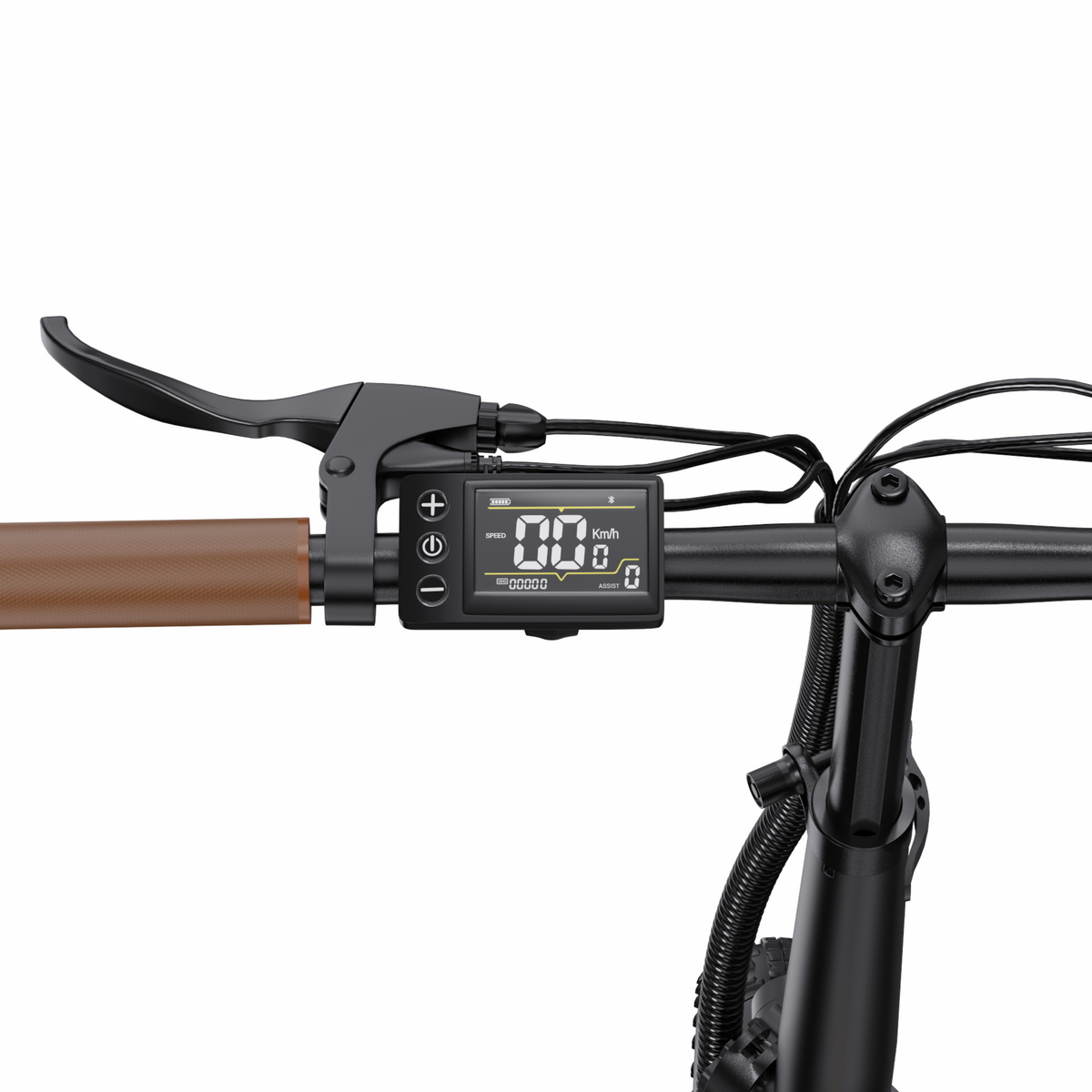 OneSport OT16 Pro närbild på vänster styrhalva med bromshandtag, LCD-display och brunt handtag