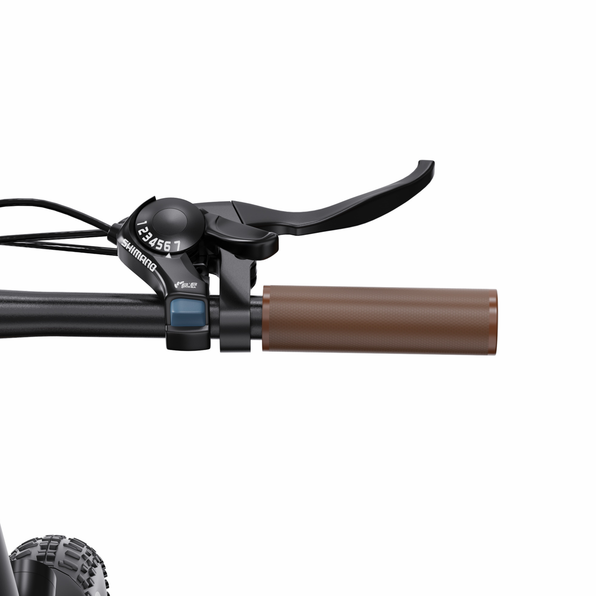 OneSport OT16 Pro närbild på höger styrhalva med bromshandtag, Shimano-växelreglage och brunt handtag