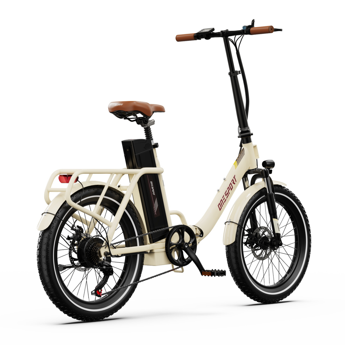 OneSport OT16 Pro elcykel sedd snett bakifrån från höger med kedja, pedal, batteri och pakethållare