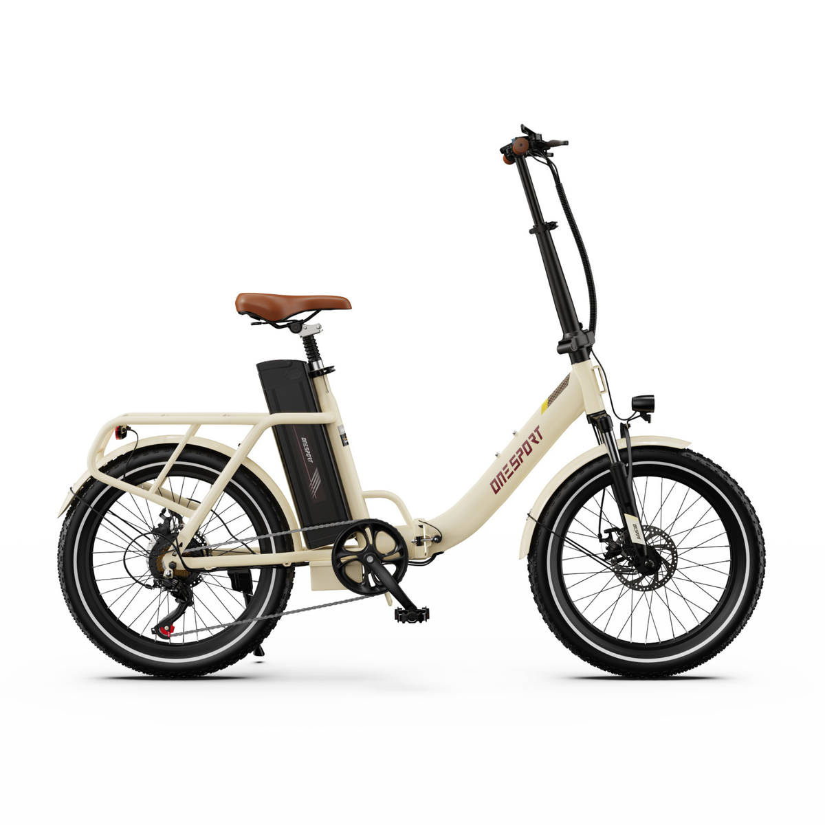 OneSport OT16 Pro, gräddvit elcykel sedd från sidan med brun sadel, pakethållare och svart batteri