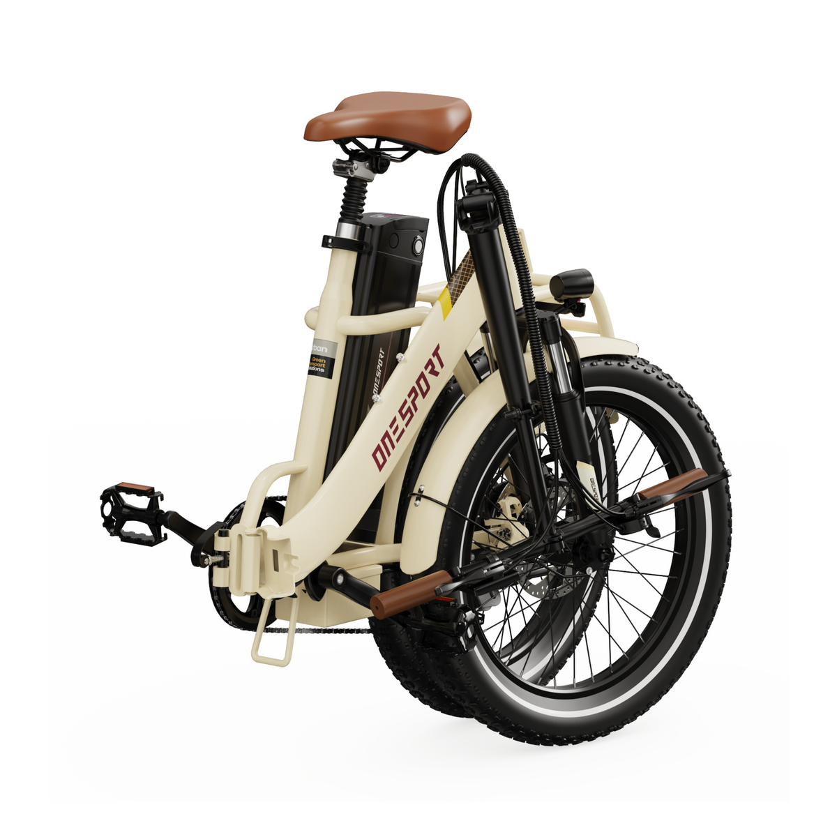 OneSport OT16 Pro, gräddvit elcykel i hopfällt läge sedd snett bakifrån med brun sadel och pedal