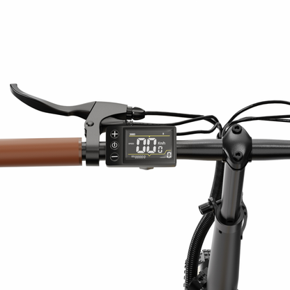 OneSport OT16 Pro, närbild på styret med display, knappar, bromshandtag och brunt handtag