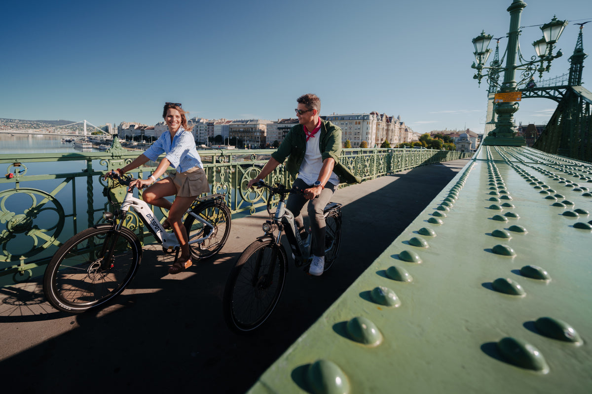Två personer cyklar på en grön bro i solsken med byggnader och vatten i bakgrunden