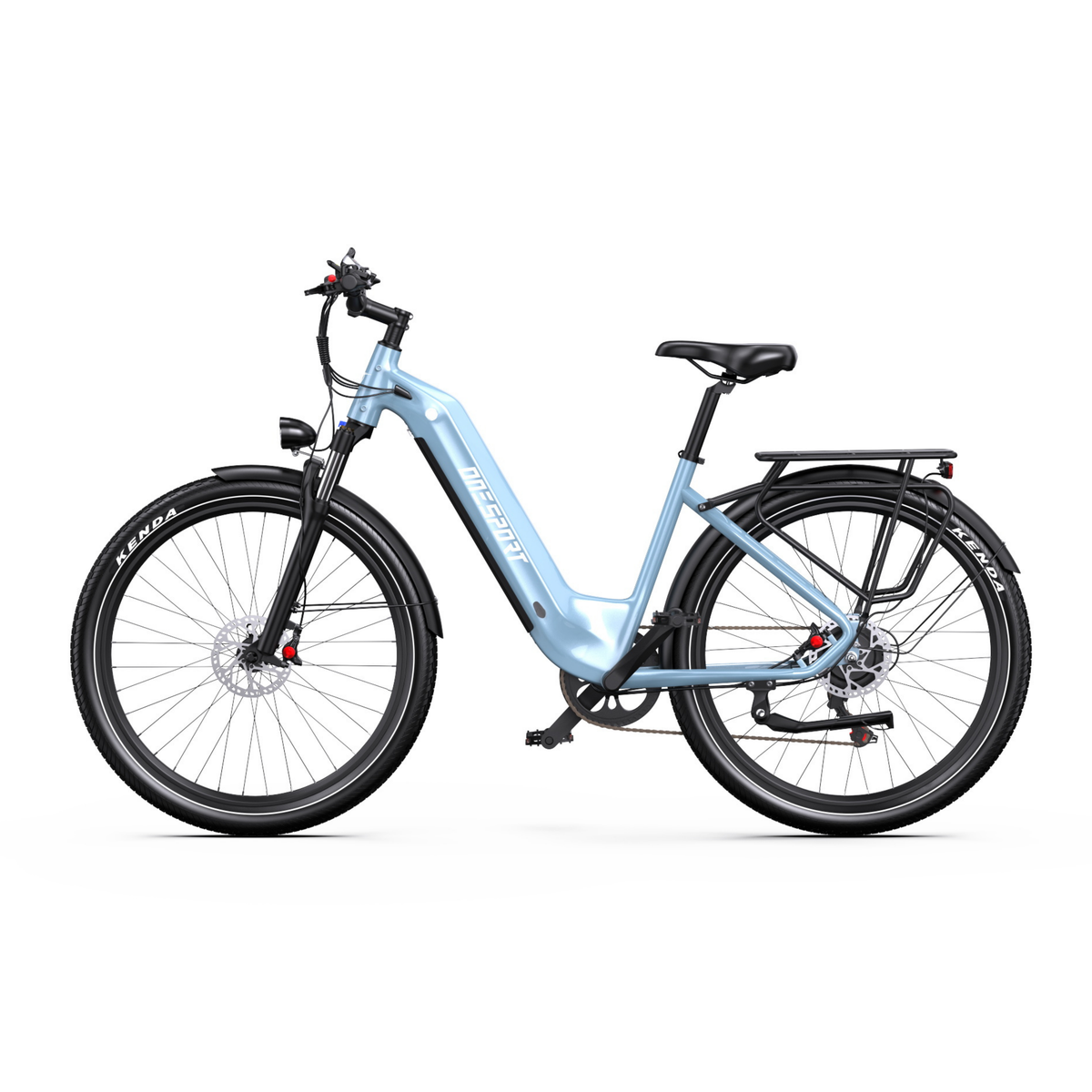 OneSport WT05 elcykel i ljusblått, sedd rakt från sidan med lågt insteg och pakethållare