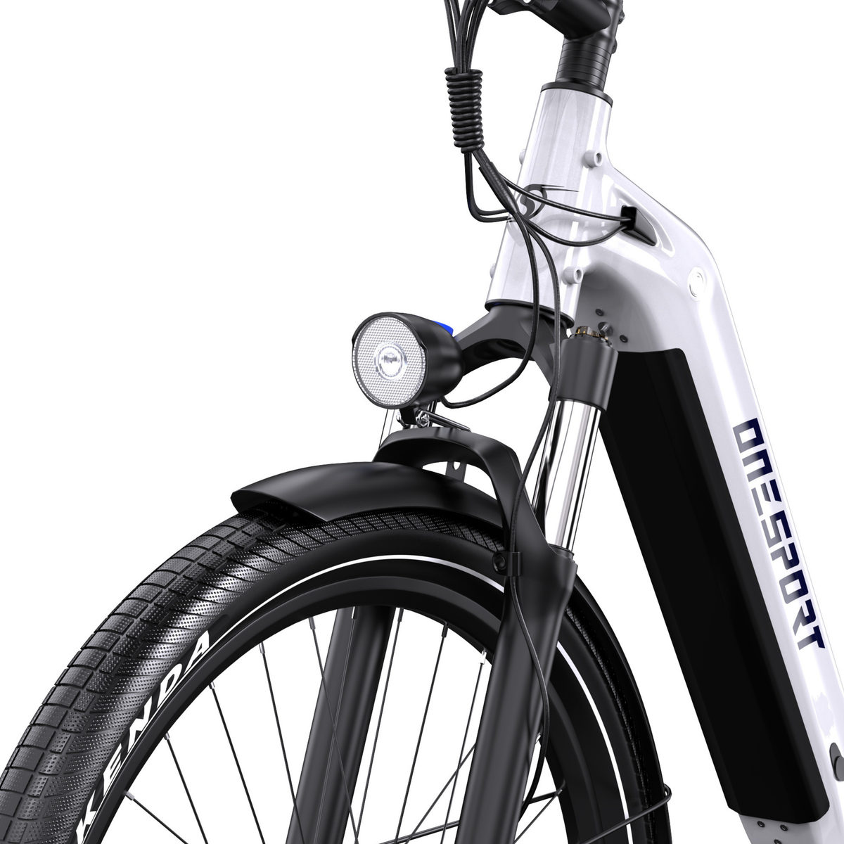 OneSport WT05 närbild på framlykta, stänkskärm, fjädergaffel och vit ram med batteridel