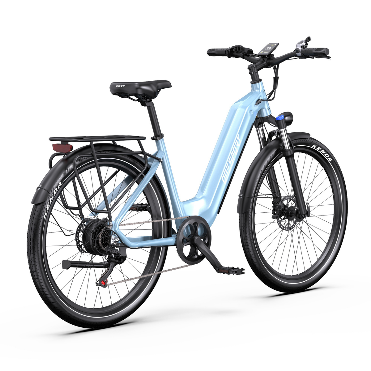 OneSport WT05 elcykel i ljusblått, sedd snett bakifrån från höger med display, pakethållare, kedja och pedal
