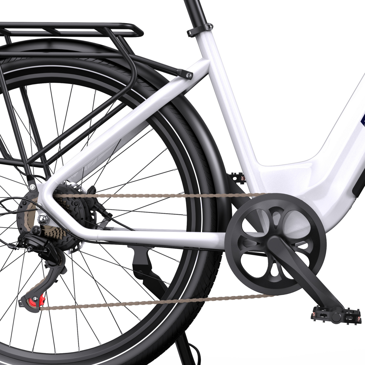 OneSport WT05, närbild på bakre ram, pakethållare, kedja, kassett, kedjekrans och pedal