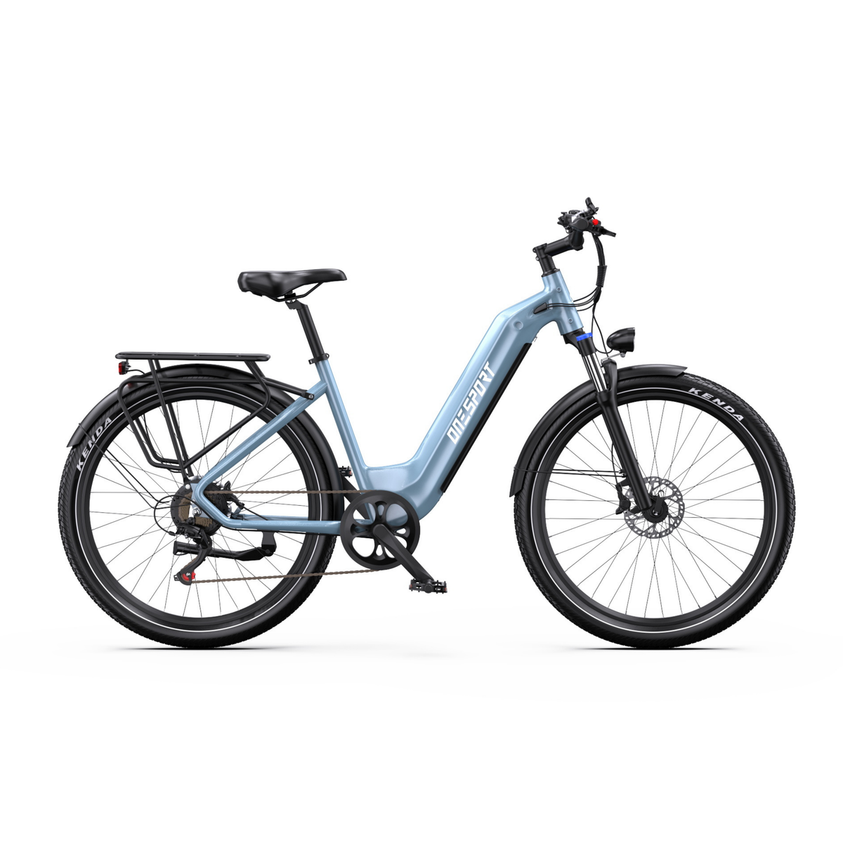 OneSport WT05 elcykel i ljusblått sedd från sidan med pakethållare, skärmar och skivbroms