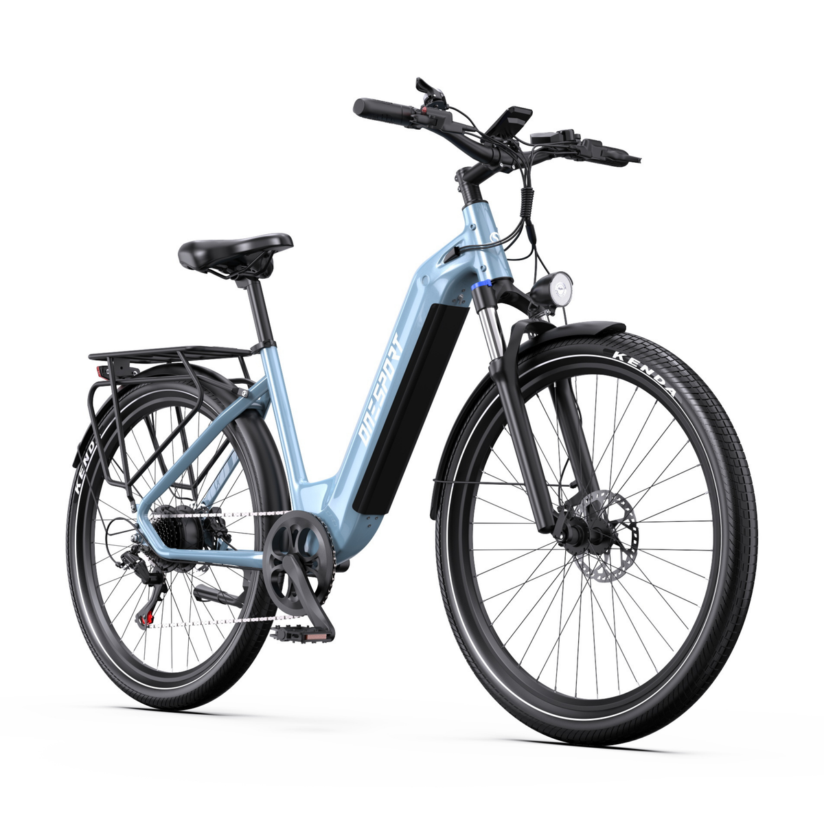 OneSport WT05 elcykel i ljusblått snett framifrån med svart batteripanel, strålkastare och pakethållare