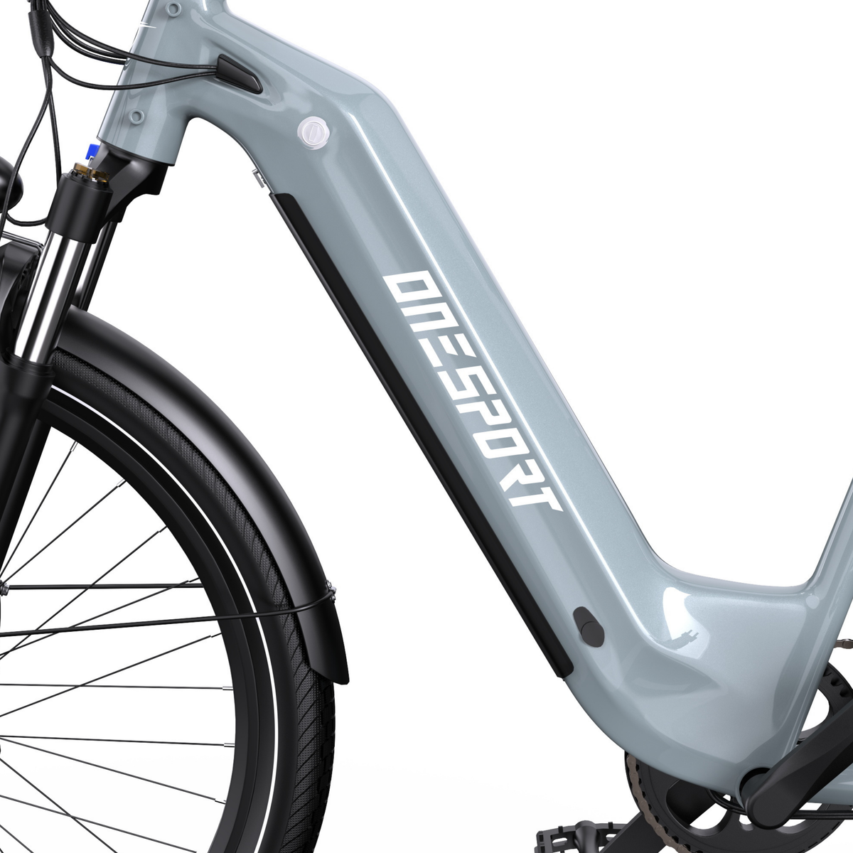 OneSport WT05, sidovy av grå ram med OneSport-logotyp, framhjul, stänkskärm och pedal