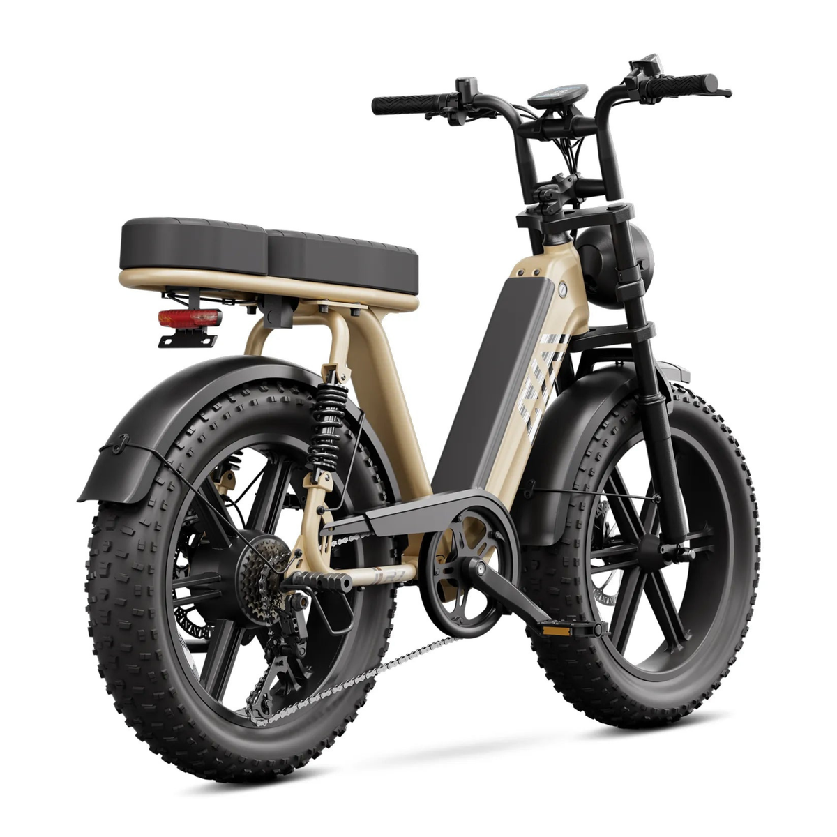 TST R7 fatbike-elcykel snett bakifrån i färgen beige