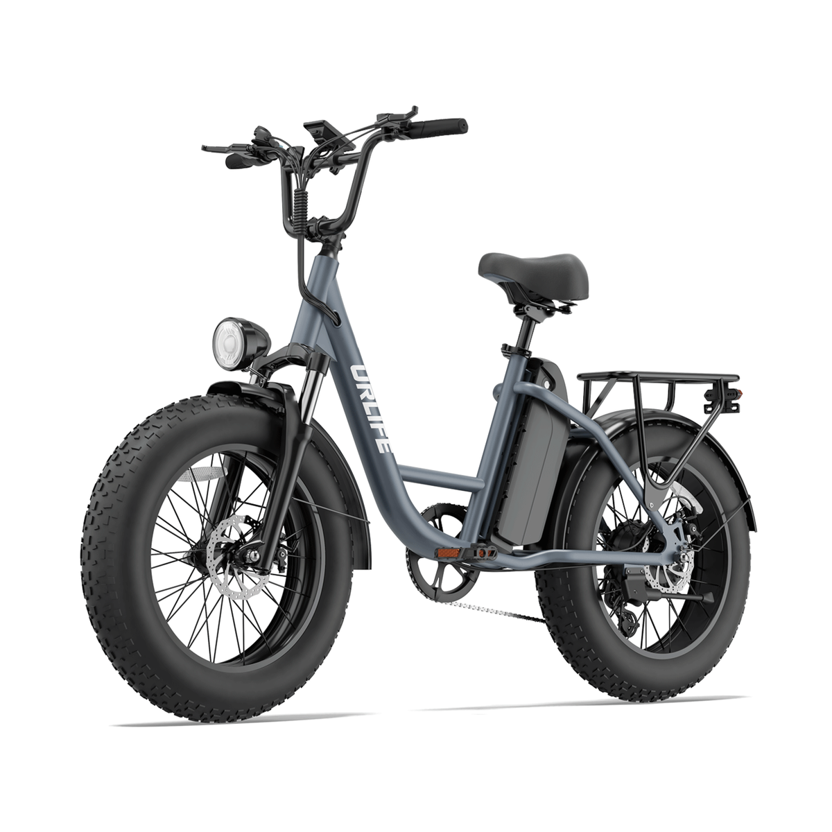 URLIFE E20 Pro, grå elcykel med tjocka däck och pakethållare, sedd snett framifrån