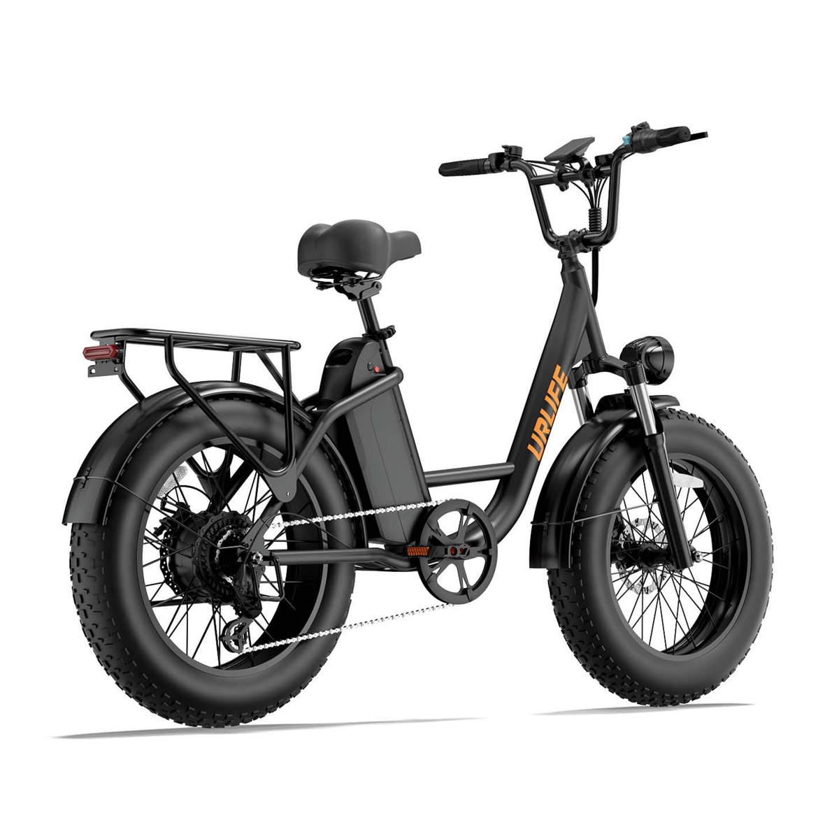 URLIFE E20 Pro, svart elcykel sedd bakifrån i vinkel med pakethållare och fett däck