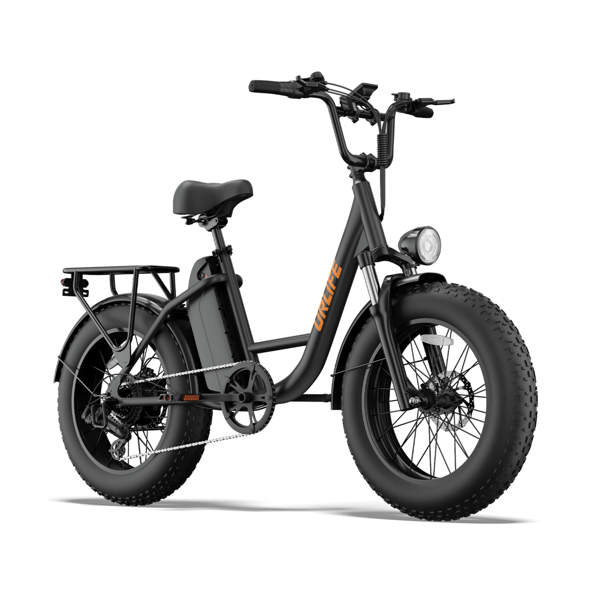 URLIFE E20 Pro, svart elcykel sedd framifrån i vinkel med strålkastare, pakethållare och fett däck