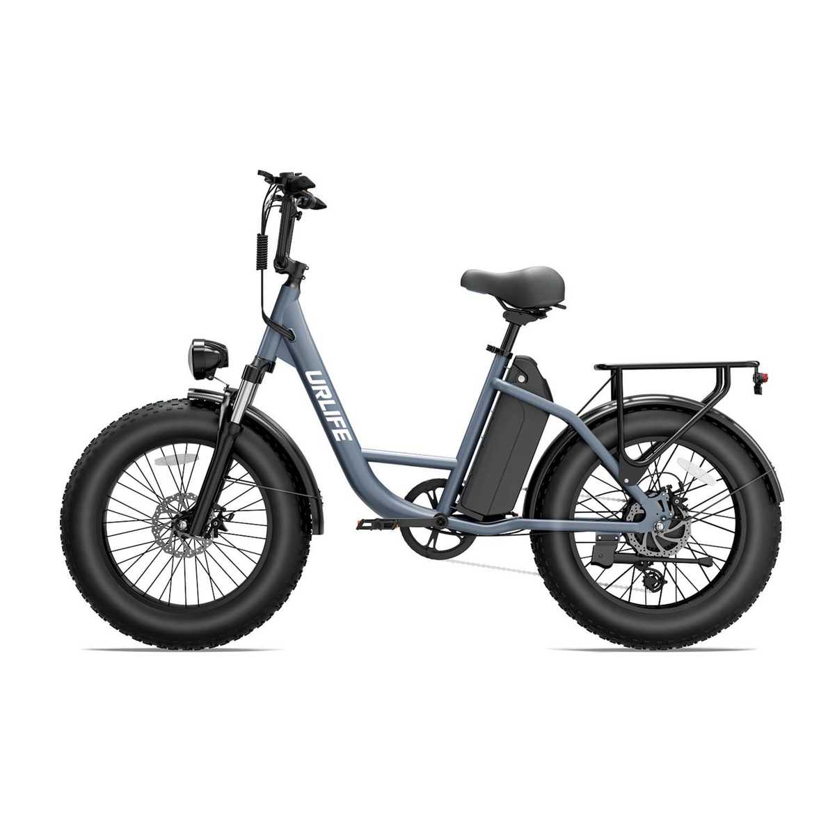 URLIFE E20 Pro, grå elcykel med tjocka däck och pakethållare, sedd från sidan