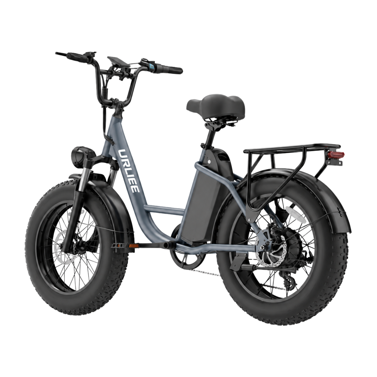 URLIFE E20 Pro, grå elcykel med tjocka däck och pakethållare, sedd snett bakifrån