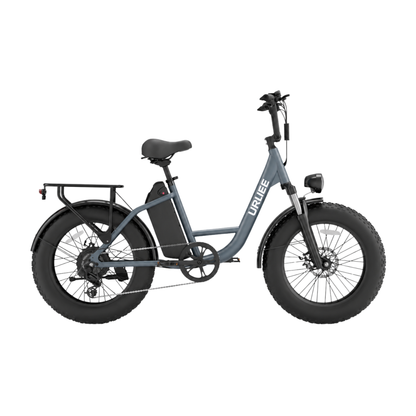 URLIFE E20 Pro, blågrå elcykel med feta däck och pakethållare, sedd från sidan