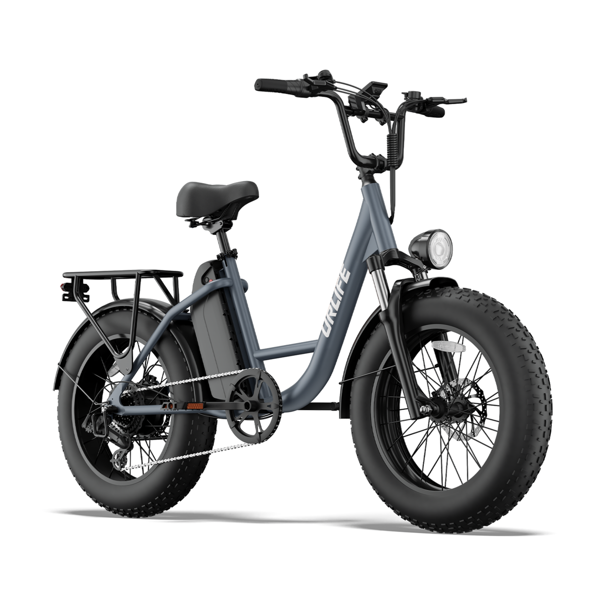 URLIFE E20 Pro, blågrå elcykel med feta däck och pakethållare, sedd snett framifrån