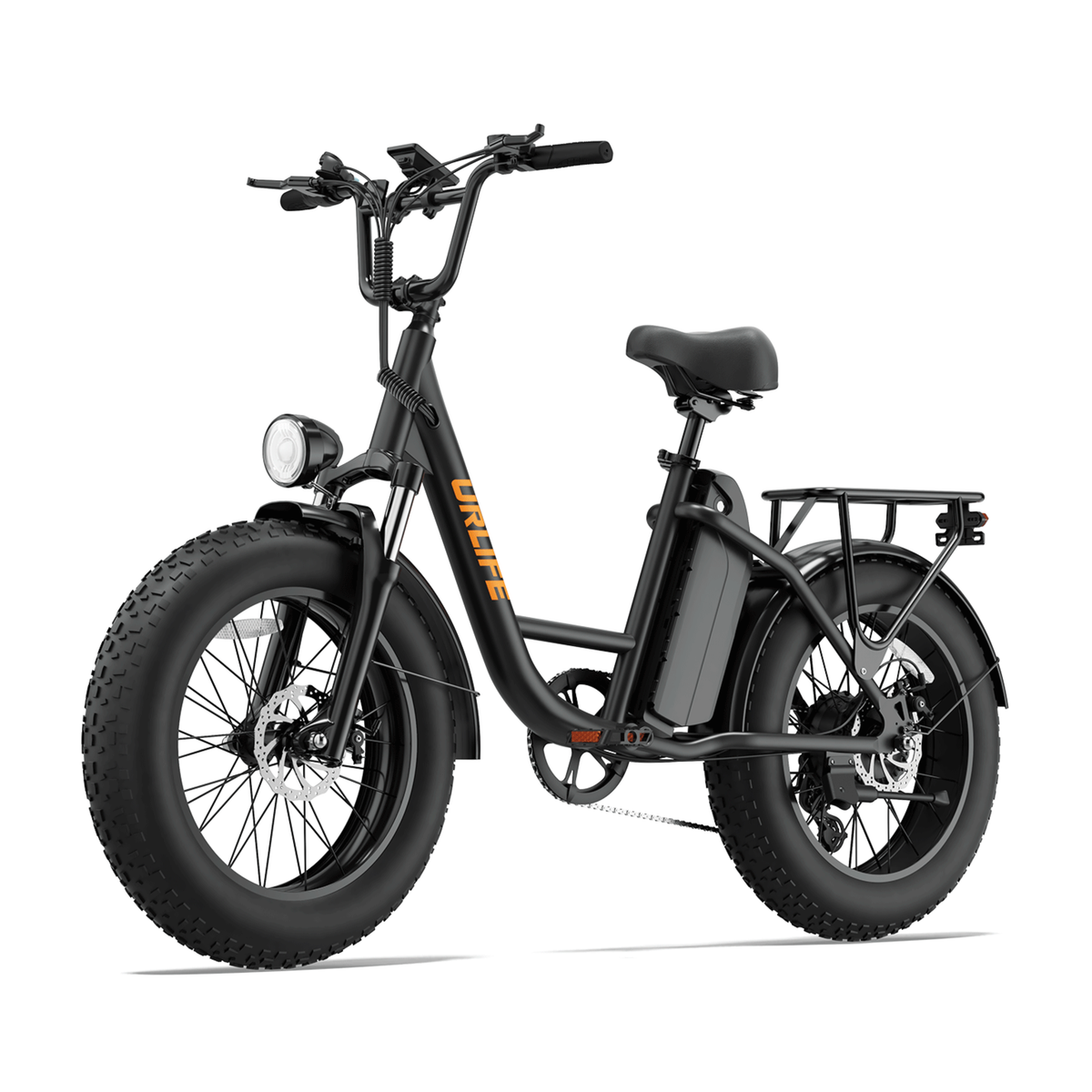 URLIFE E20 Pro, svart elcykel med feta däck och orange logotyp, sedd snett framifrån