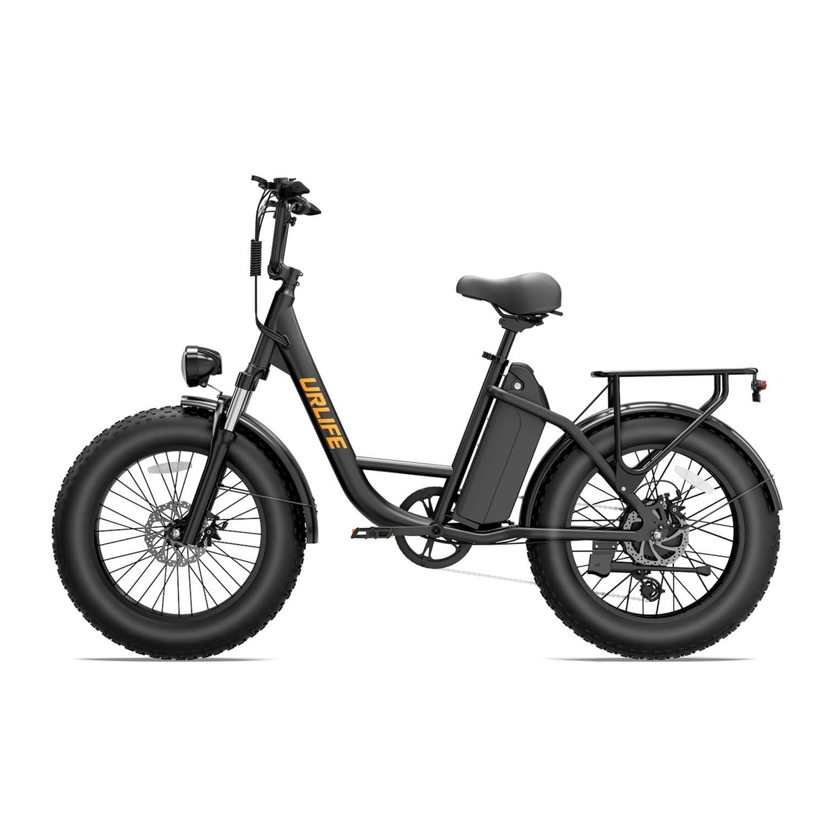 URLIFE E20 Pro, svart elcykel med feta däck och pakethållare, sedd från sidan