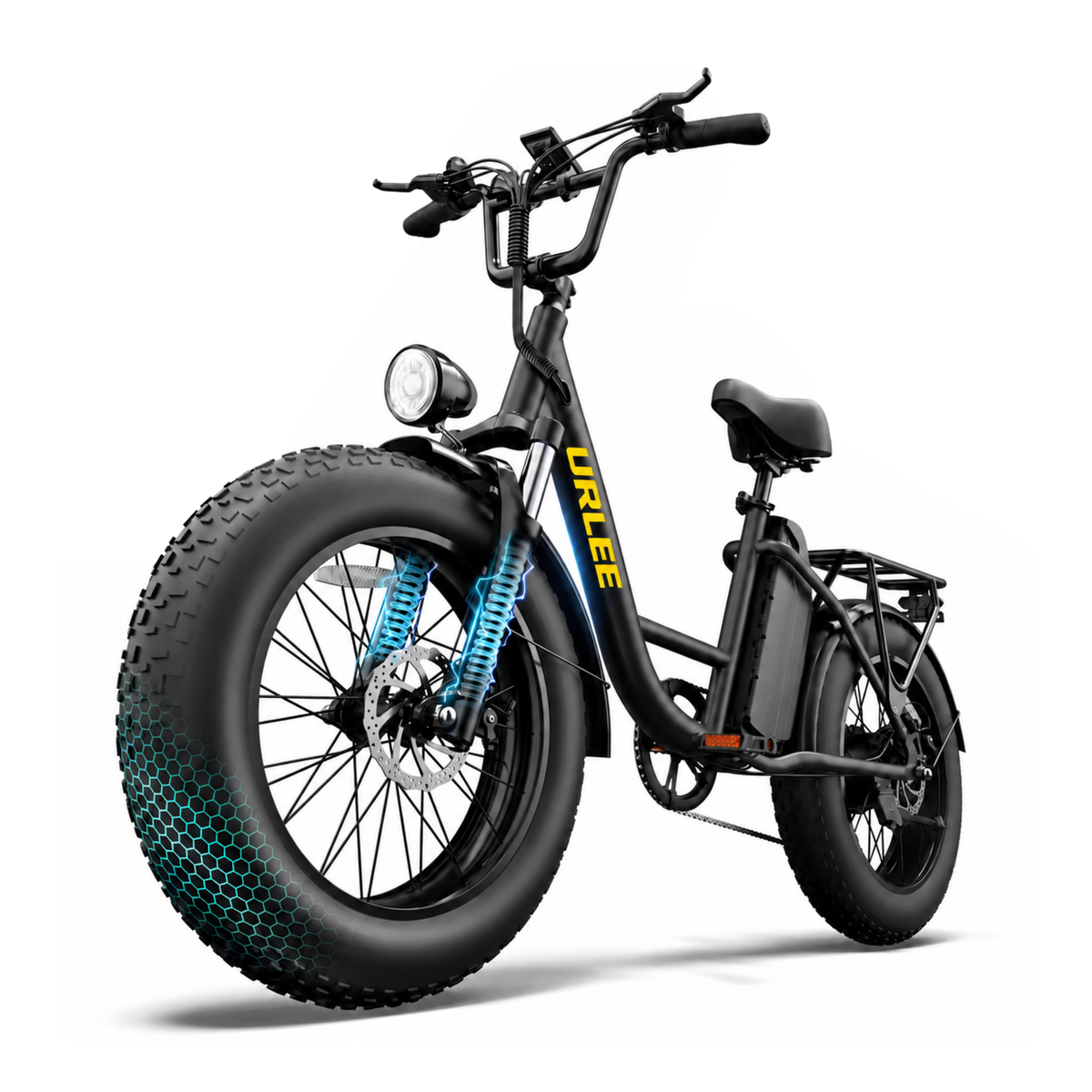 URLIFE E20 Pro, svart elcykel med fett däck sedd framifrån i vinkel, med blåmarkerad framgaffel