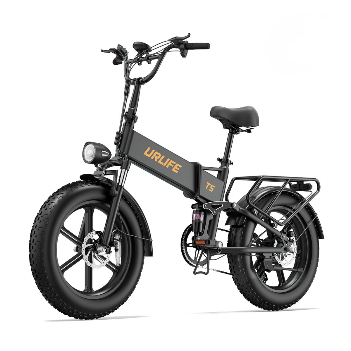 URLIFE T5 svart hopfällbar elcykel sedd snett framifrån med tjocka däck, framlampa och pakethållare