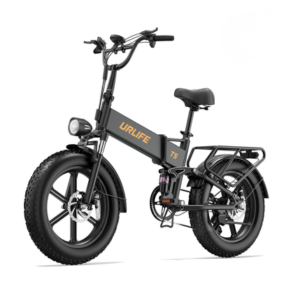 URLIFE T5 svart hopfällbar elcykel sedd snett framifrån med tjocka däck, framlampa och pakethållare