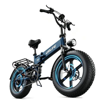 URLIFE T5 blå elcykel snett framifrån med blå ljuseffekter runt hjulen