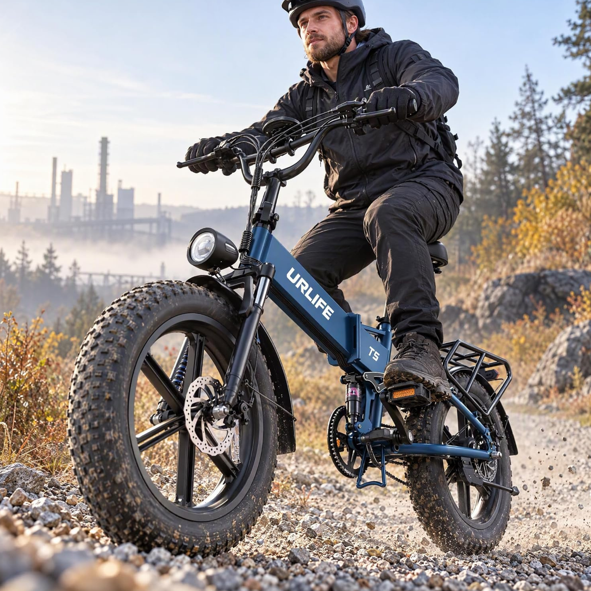 Blå URLIFE T5 med cyklist på grusunderlag, industribyggnader i bakgrunden