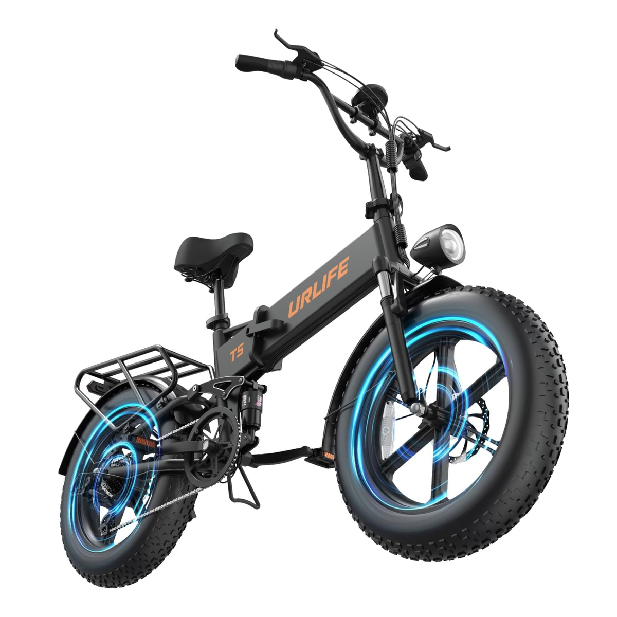 URLIFE T5 svart elcykel snett framifrån med blå grafiska effekter runt hjulen och framlampa