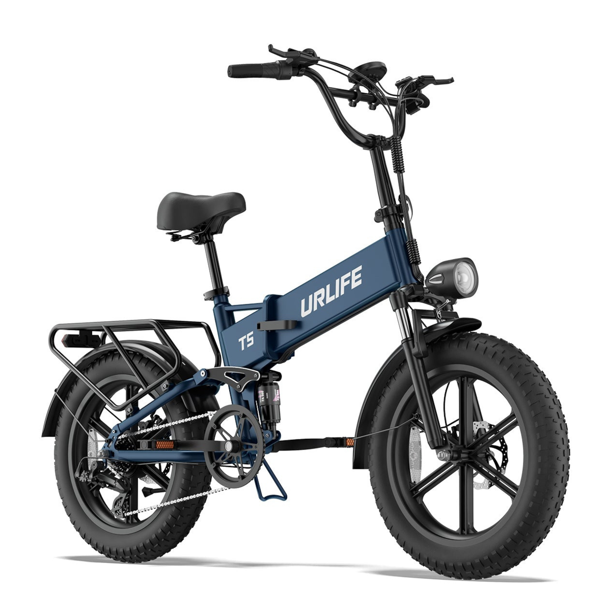 URLIFE T5 blå elcykel snett framifrån med breda däck, pakethållare och framlykta